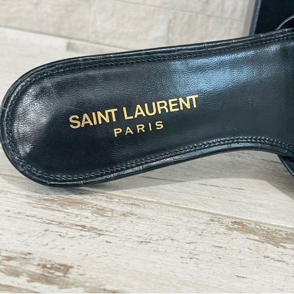 Saint Laurent Size 37 YSL Leather TRIBUTE Black Croc Embossed Flat Slide Sandals - Picture 7 of 13